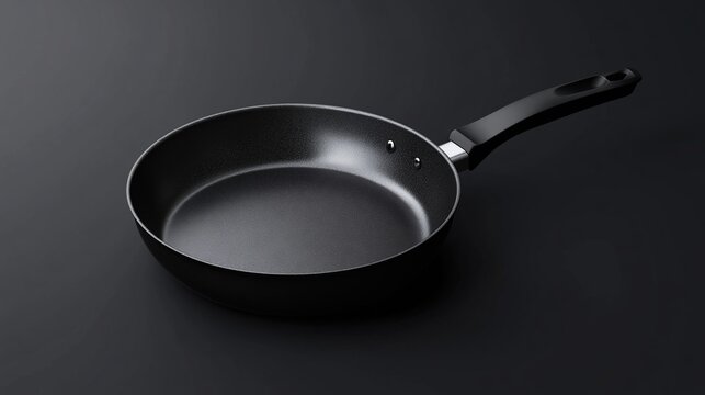 Black frying pan with a textured non-stick surface against a dark background