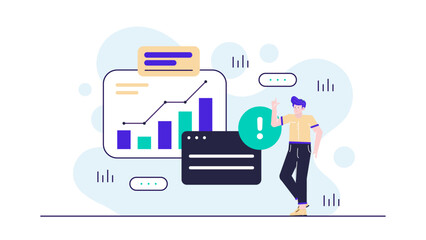 Man pointing out a graph error, suitable for business presentations, financial reports, educational materials, marketing analyses, data accuracy concepts.
