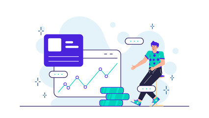 Man beside upward trend chart, suitable for financial reports, investment presentations, business articles, stock market analysis, economic growth concepts.