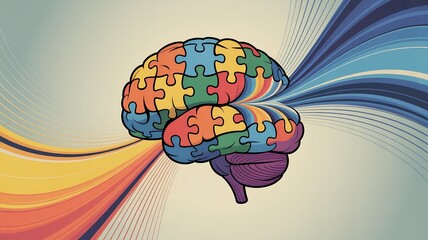 adhd, Puzzle Piece Brain with Colorful Streamlines: A Conceptual Illustration of Thought and Creativity