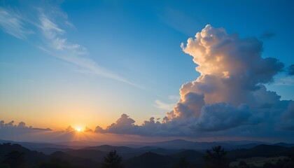 "Serene Blue Sky with Fluffy Clouds and Warm Orange Sunset Glow"