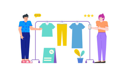 Online clothing store with a man and woman shopping. Suitable for fashion websites, ecommerce advertising, online shopping platforms, and retail blogs.