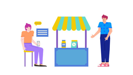 Micro stock image of a quaint shop scene with a customer and vendor. Perfect for showcasing retail, small businesses, and customer service.