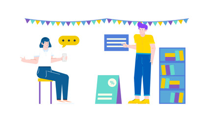 Two people discussing a sale near bookshelves, suitable for business themed projects, sales presentations, retail concepts, office environments, or teamwork visuals.