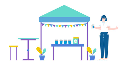 Woman selling coffee at a charming outdoor stand, perfect for coffee shops, small business promotions, outdoor events, and social media.