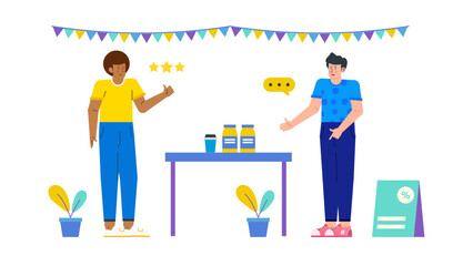 Two men at a product showcase with a sale sign. Suitable for advertising, marketing, small business promotion, and retail industry.