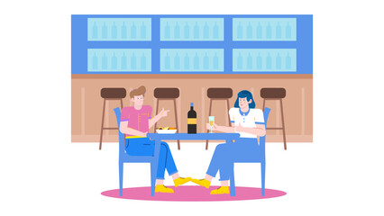 Two friends dining at a bar, enjoying wine and food. Suitable for restaurant promotions, social gatherings, friendship themes, and leisure concepts.