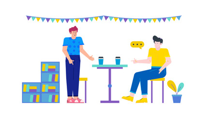 Two men chat at a small table with coffee by bookshelves. Perfect for illustrating casual meetings, discussions, or workspace interactions.