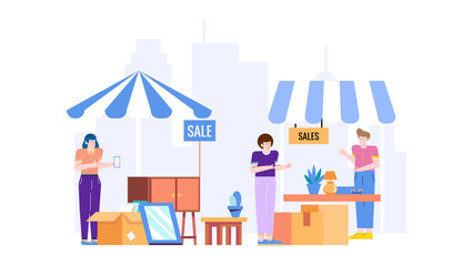 Bustling outdoor sales event features people shopping. Ideal for advertising events, promoting business, or illustrating consumer activity in a marketplace.
