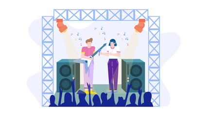 Obraz premium Title Band performing for a cheering crowd. Suitable for music event promotions, concert flyers, live entertainment advertising, and energetic social media content.