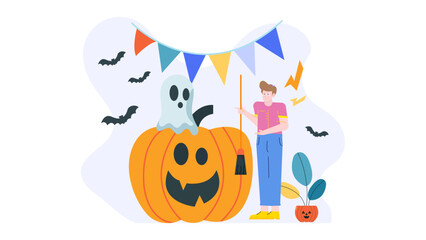 Person decorates a giant Halloween pumpkin with a ghost for spooky seasonal decorations or festive autumn social media posts.