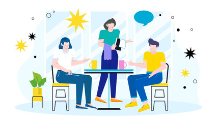 Three people chatting at a cafe table with drinks. Suitable for lifestyle, socializing, friendship, casual dining, and restaurant concepts.