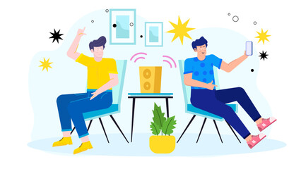 Two men enjoying music near a small speaker, suitable for lifestyle blogs, music event promotions, and social media content.