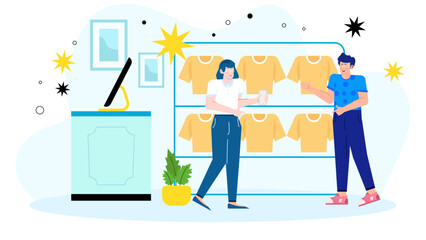Clothing store scene with woman and man shopping together. Suitable for retail marketing campaigns showcasing diversity in shopping experiences.