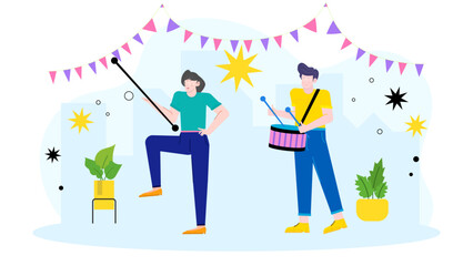 Two people celebrate with music and dance, playing a drum and a baton. Festive events, cultural celebrations, musical performances, teamwork.