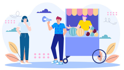 Person entices woman with colorful balloon cart. Suitable for advertisement, marketing, promotions, festivities, celebration, street fair, event planning materials.