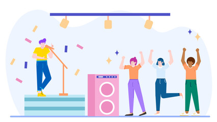 Singer performs on stage with three excited audience members; great for music concert promotions, social media posts, and entertainment articles.