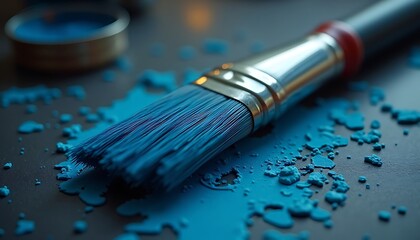 Obraz premium Close-up of paintbrush with blue paint splattered on dark surface
