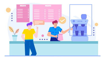 Coffee shop scene with a diverse menu, two customers. Ideal for coffee shop promotions, restaurant ads, and social media posts.