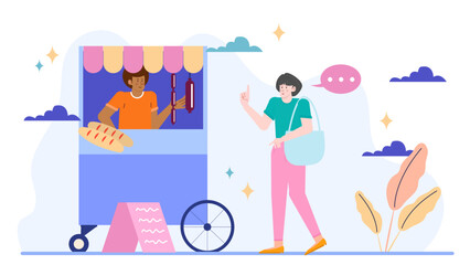 Woman pointing at food cart selling bread and sausages. Great for food blogs, travel articles, restaurant advertisements, and city guides.