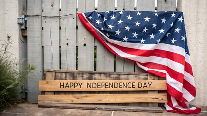 Celebrating Happy Independence Day under the stars and stripes on rustic wood
