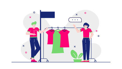 Two people shopping together, browsing clothes from a rack in a store. Suitable for fashion blogs, retail promotions, and shopping ads.