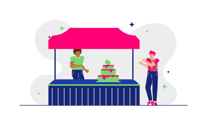 Cake vendor and customer at market stall, bustling ambiance, vibrant colors, tasty treats, interactions, street food scene. Suitable for food blogs, marketing materials, and social media posts.