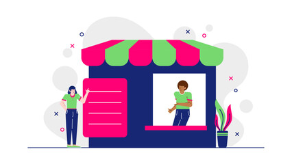Storefront with a woman and a man shopping together. Suitable for retail, shopping, couple, relationship, urban lifestyle, and commercial concepts.