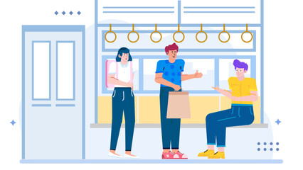Three people converse on train platform near a door; suited for transportation or communication themed designs, social interaction concepts, and diversity.
