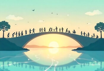Generative AI Illustration of a Multi-Generational Community Walking over Bridge
