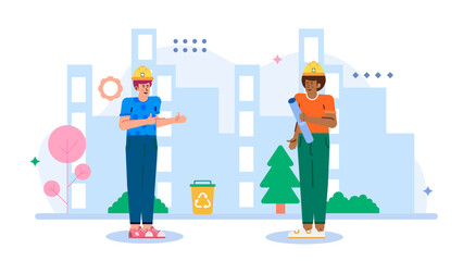 Two construction workers discussing plans near a recycling bin. Suitable for construction, sustainability, and teamwork concepts in marketing materials.
