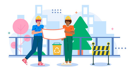 Two construction workers with a blank sign by a recycle bin. Perfect for environmental construction projects and sustainable development advertising.