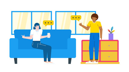 Two people chatting near a blue couch, ideal for website headers, social media posts, blog content, or lifestyle articles.