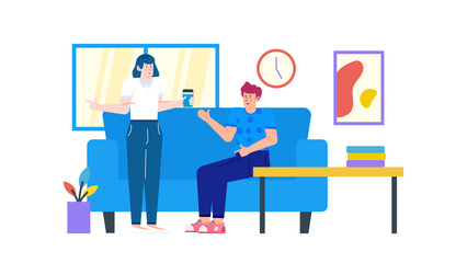 Two people chilling on a blue couch, suitable for lifestyle blogs, relaxation articles, and advertising comfy furniture for homes.