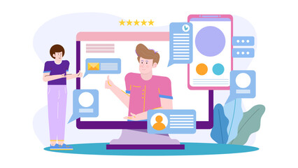 Obraz premium Online client feedback featuring a delighted user. Perfect for showcasing customer satisfaction, testimonials, online reviews, business success, or happy customers.