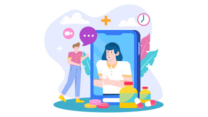 Telehealth consultation with medication and pills for remote medical appointments. Suitable for healthcare, telemedicine, pharmacy, and medical technology concepts.