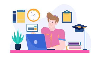Student studying online at his desk. Perfect for educational websites, online learning platforms, eLearning courses, student blogs, and social media posts.