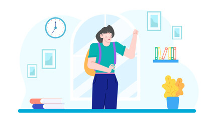 Happy student girl studying in her room, perfect for education, student life, remote learning, and dormitory themes in designs.