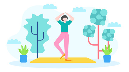 Woman practicing yoga in outdoor setting with stylized trees, ideal for wellness websites, fitness blogs, and relaxation themed designs.