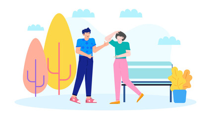 Two people conversing near a park bench surrounded by unique trees. Suitable for lifestyle blogs, social media posts, and outdoor advertisements.