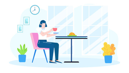 Woman enjoys breakfast at small table near window. Cozy home decor, healthy eating, morning routine, lifestyle blog, meal planning.