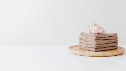 Minimalist Spa Setting with Towels and Lotus Flower on Tray