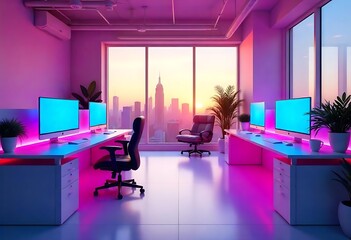 Generative AI presents a futuristic office bathed in neon light overlooking cityscape