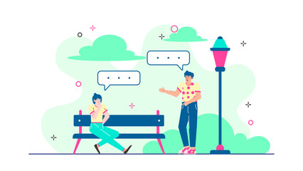 Two people having a conversation near a park bench and lamppost. Suitable for illustrating urban outdoor activities or social interactions.