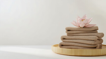 Minimalist Spa Setting with Towels and Lotus Flower on Tray