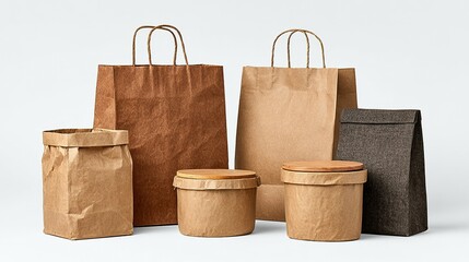Assorted paper and fabric containers and bags arranged on a plain background.