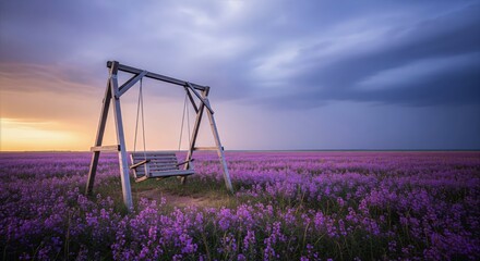 Fototapeta premium Tranquil Lavender Field at Sunset with Wooden Swing - Serene Landscape Photography