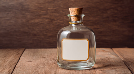 Vintage Amber Glass Bottle with Cork on Wooden Table and Copy Space