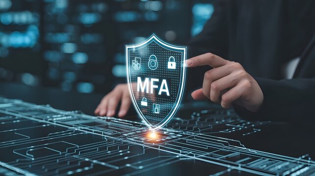 MFA, Multi-Factor Authentication Security Concept. Person touching virtual MFA shield icon with various security icons, representing multi factor authentication and digital identity protection.
 - Powered by Adobe