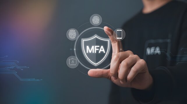 MFA, Multi-Factor Authentication Security Concept. Person touching virtual MFA shield icon with various security icons, representing multi factor authentication and digital identity protection.

